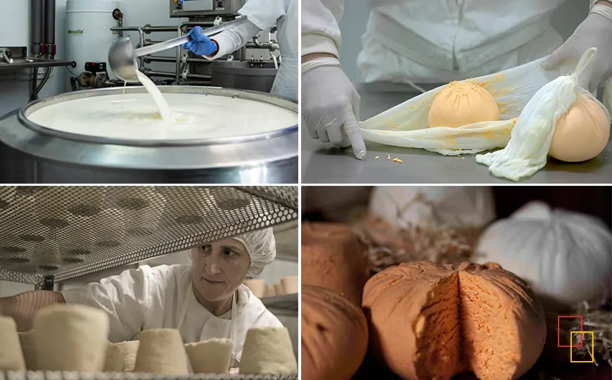 Proceso del Afuega’l Pitu DOP: cuajado en cuba, desuerado en gasa (trapu), maduración en bandejas y pieza roxu abierta