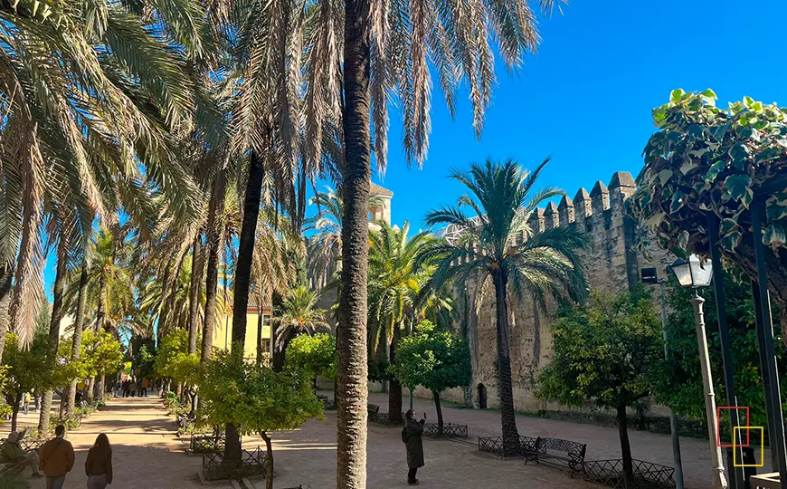 Alcázar de los Reyes Cristianos: jardines y paseo de palmeras en Córdoba