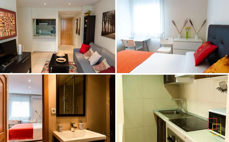 Habitación, salón y cocina en Apartamentos Duque