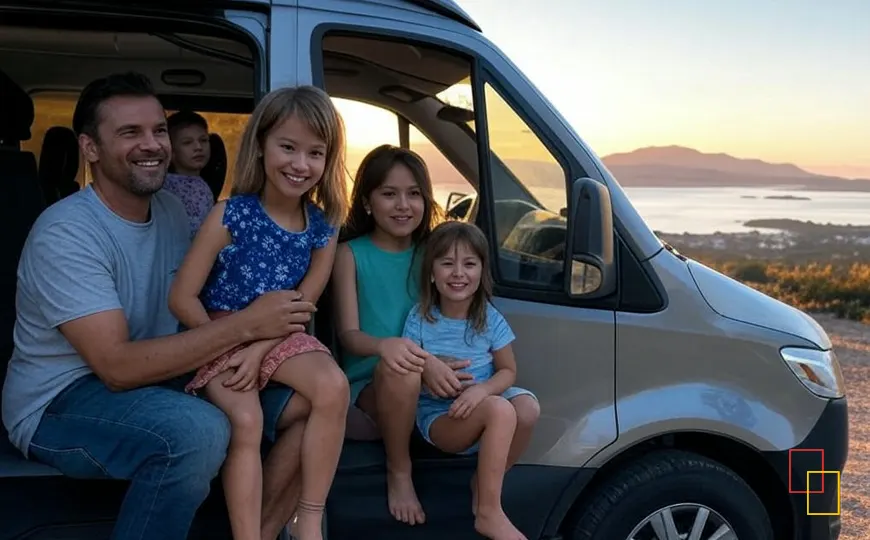 Familia viajando en autocaravana con vistas al mar al atardecer