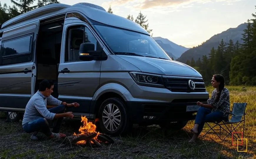 Pareja disfrutando de su viaje en furgoneta camper junto a una fogata
