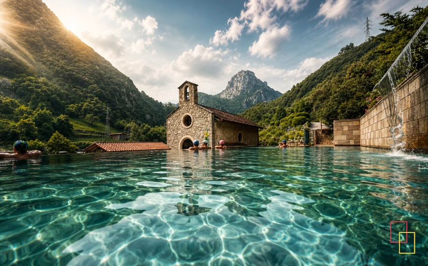 Piscina termal exterior del Balneario de La Hermida con la iglesia y los Picos de Europa al fondo