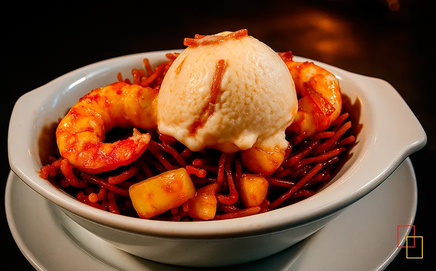 Fideuà de marisco con bola de helado en el restaurante brasería La Bodega