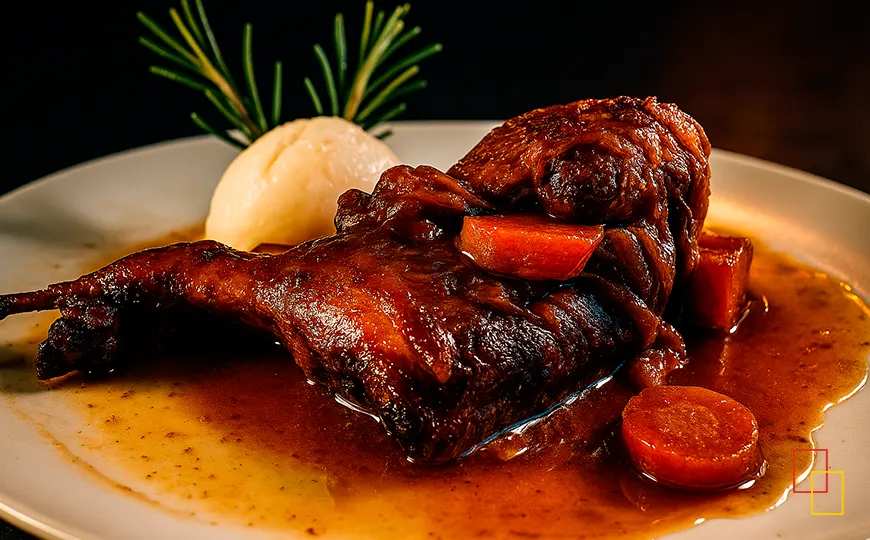 Plato de codorniz estofada con salsa y zanahoria en el restaurante La Bodega
