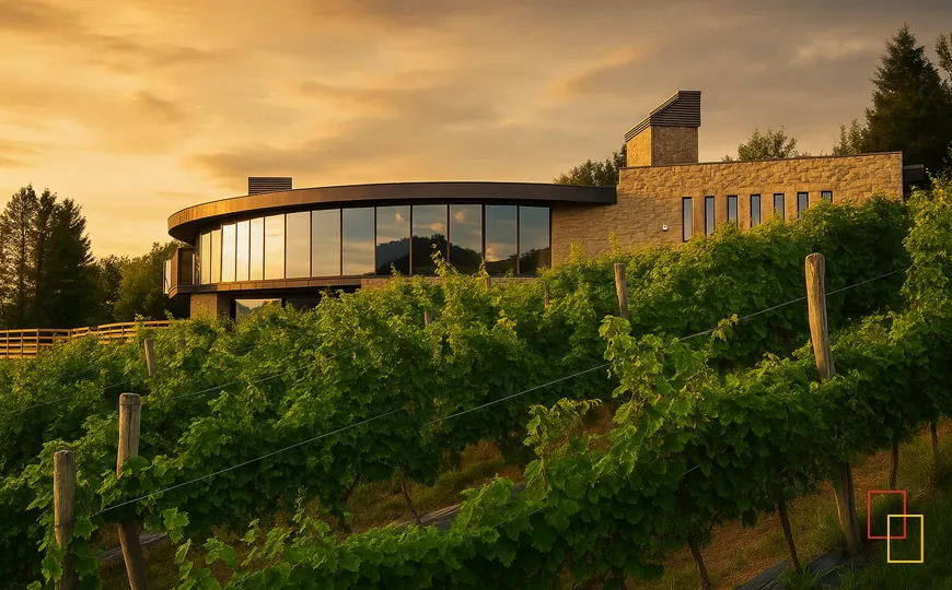 Vista lateral de la bodega y porche panorámico