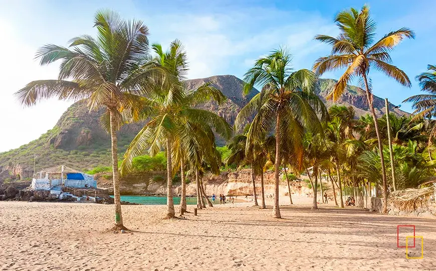 Bahía tranquila con palmeras frente al Atlántico