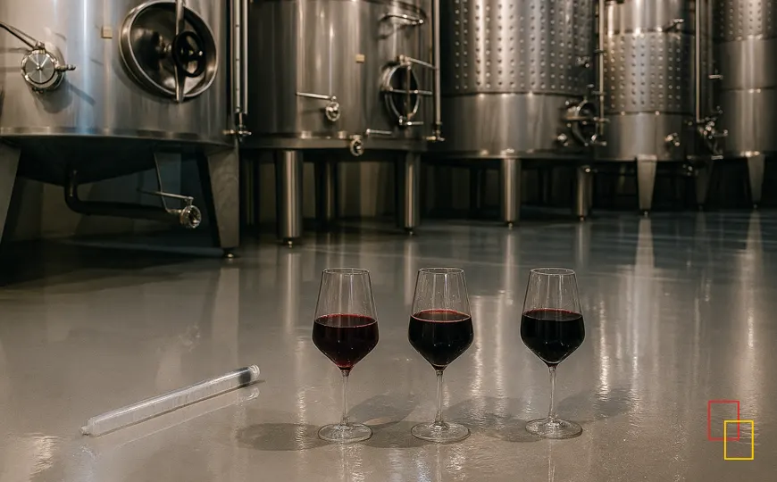 Tres copas de vino tinto en la sala de depósitos de Dominio Lubiano
