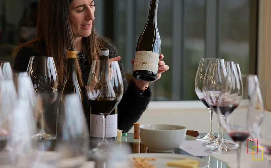 Cata de vinos Dominio Lubiano con copas, aperitivos y vista al viñedo