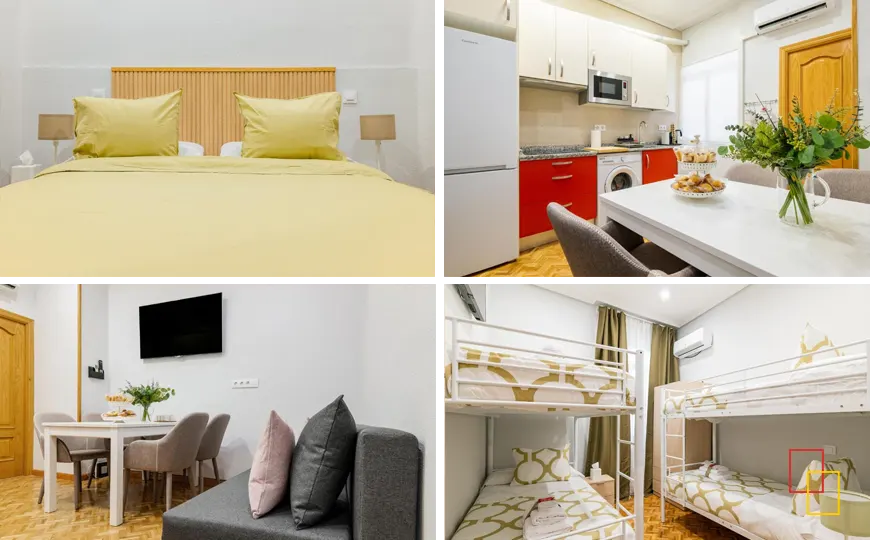 Habitación, cocina y salón en Céntrico Apartamento con 3 Baños en Puerta del Sol y Atocha