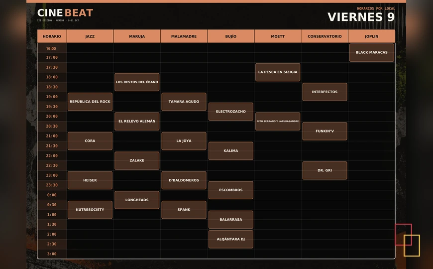 Horarios CineBeat viernes 9 de octubre de 2026