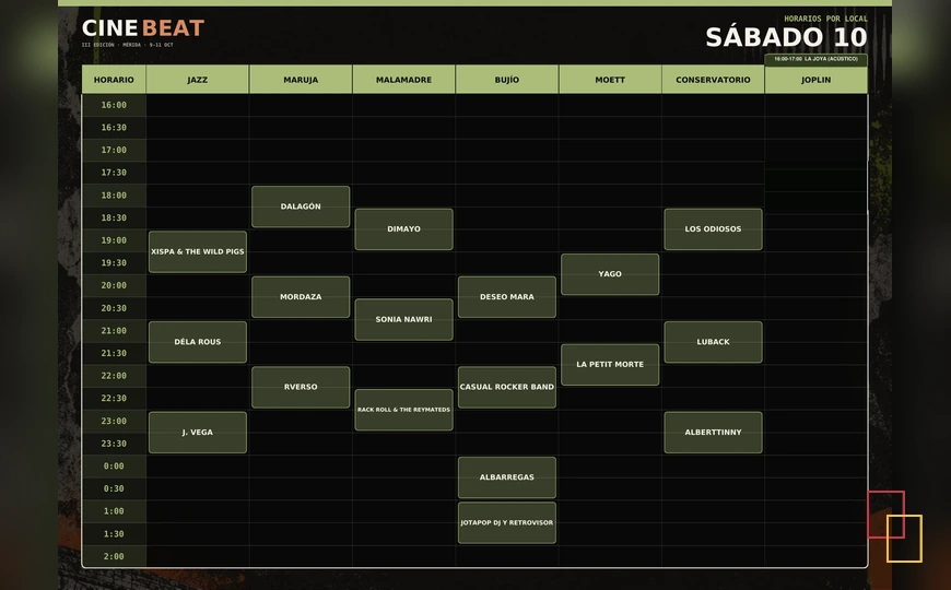 Horarios CineBeat sábado 10 de octubre de 2026
