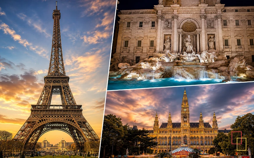 Collage de París, Roma y Viena para una escapada europea de fin de semana