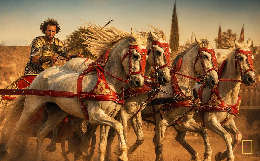 Carrera de cuadrigas durante Emerita Lvdica 2026 en el Circo Romano de Mérida