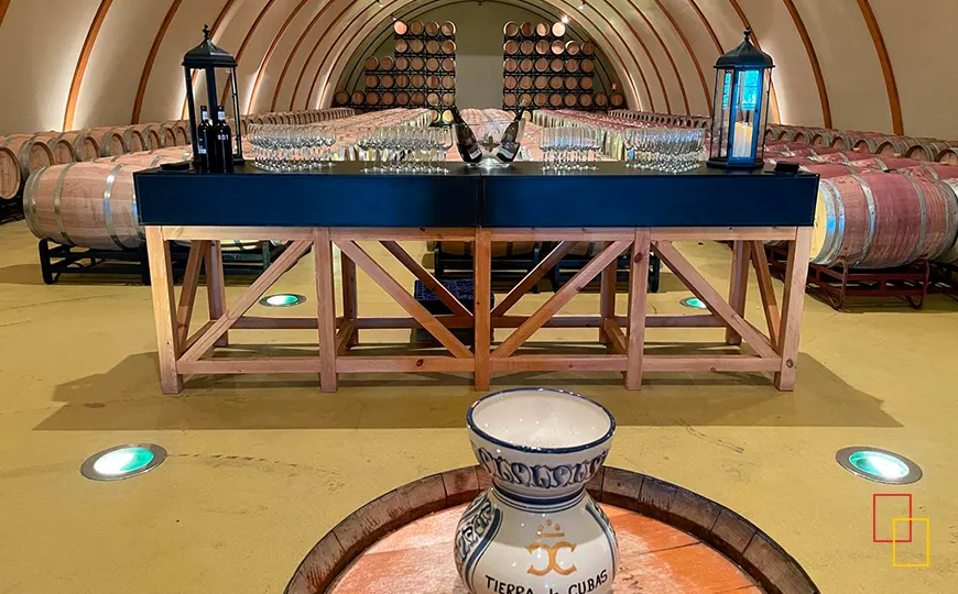 Sala abovedada de barricas de Bodega Tierra de Cubas iluminada y sin público