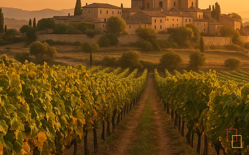 Viñedos españoles al atardecer con un pueblo histórico al fondo