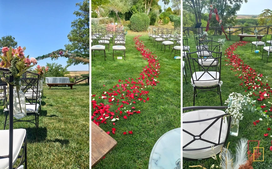 Pasillo de ceremonia decorado con pétalos en los jardines de EntreOlivares