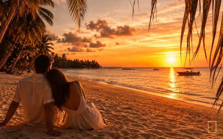 Pareja disfrutando de una escapada frente al mar al atardecer