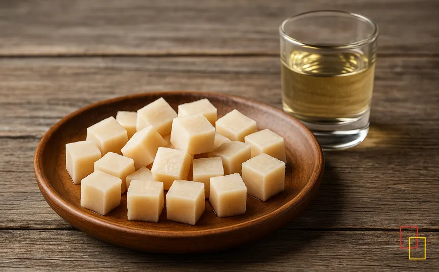 Plato de Hákarl en cubos acompañado de un vaso de Brennivín en Islandia