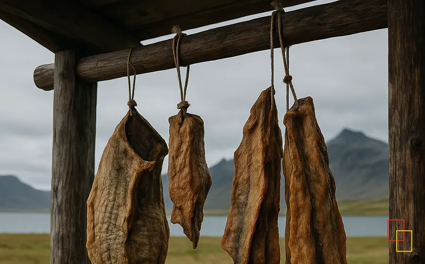 Secado tradicional de Hákarl en estructura de madera en Islandia