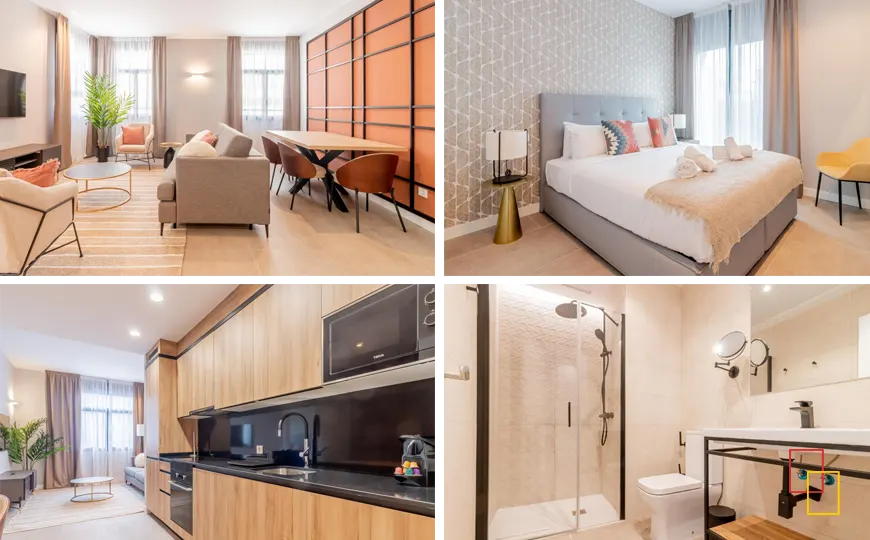 Sala de estar y cocina en Home Art Apartments Bernabéu