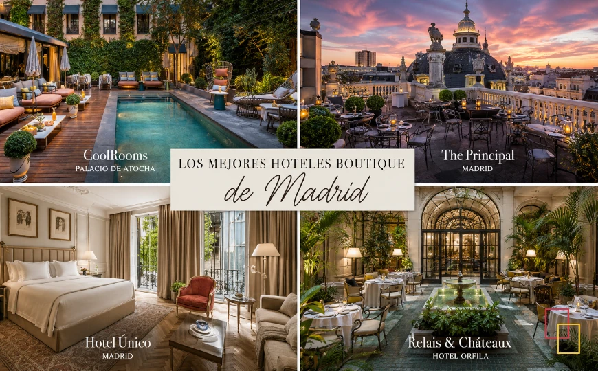 Collage panorámico con los mejores hoteles boutique de Madrid