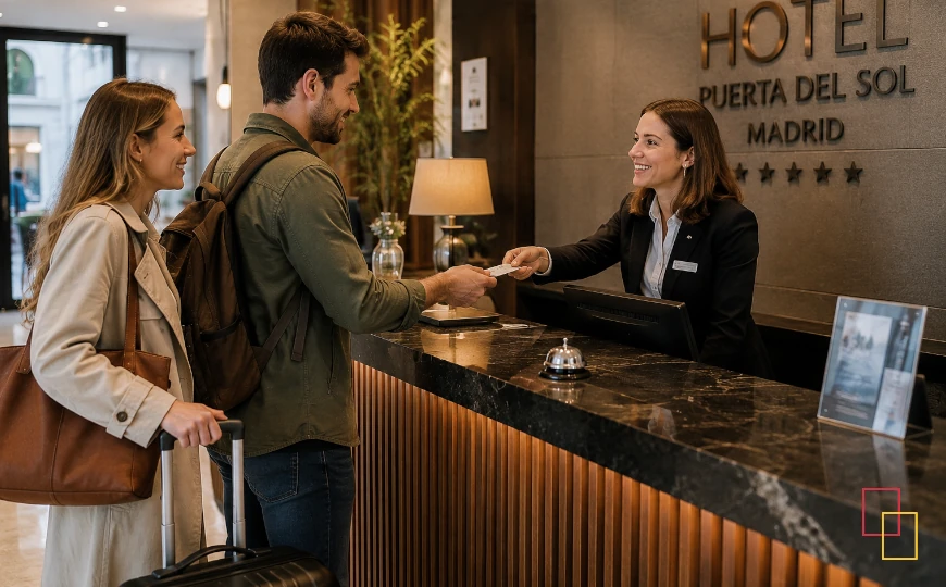 Recepcionista de hotel atendiendo a viajeros internacionales en diferentes idiomas