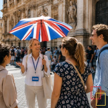 Guía turística realizando una visita guiada en inglés a un grupo de viajeros internacionales en una ciudad europea