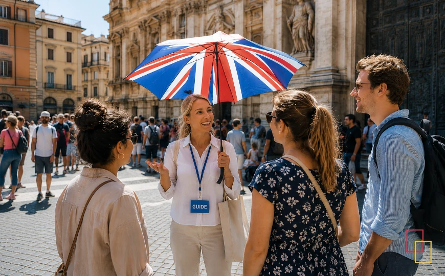 Guía turística realizando una visita guiada en inglés a un grupo de viajeros internacionales en una ciudad europea