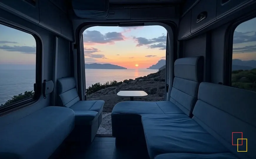 Interior de una furgoneta camper con vistas al mar al atardecer