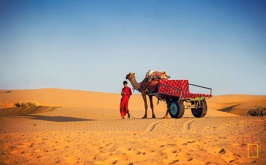 Carro y camellos sobre las dunas de Sam, Jaisalmer