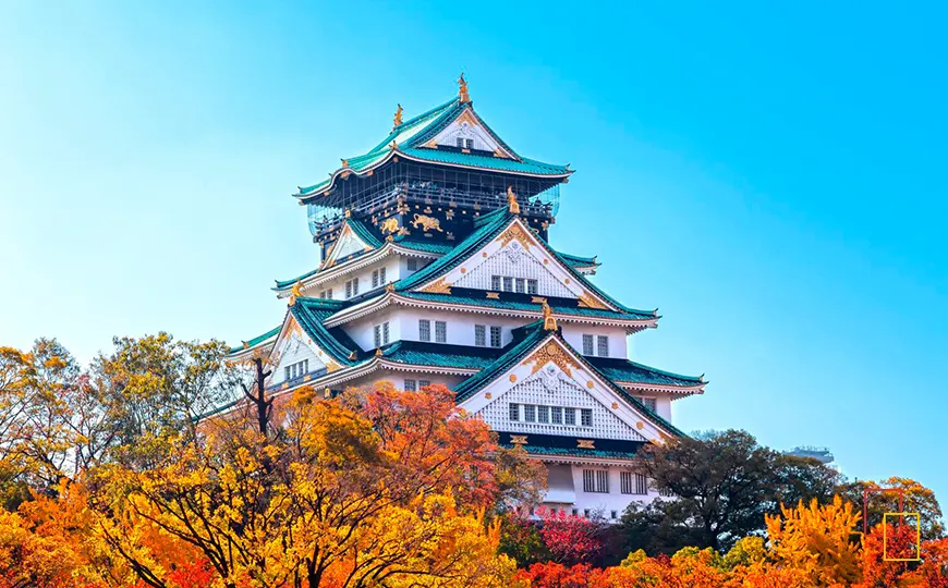 Castillo de Osaka con arces rojos en otoño (momiji)