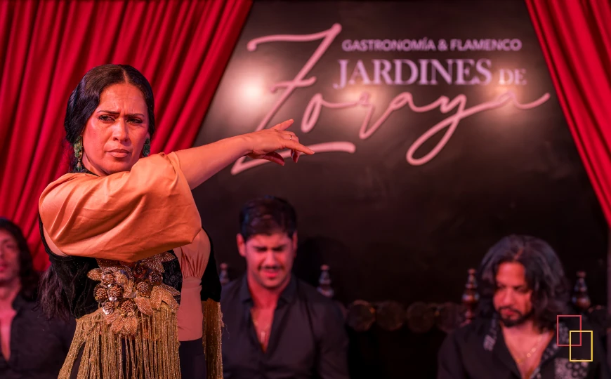 Bailaora con mantón y flecos dorados en el tablao Jardines de Zoraya, Granada