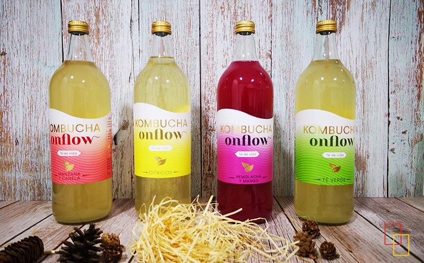 Presentación productos Kombucha Onflow (alimento orgánico, ecológico y vegano)