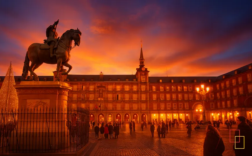Plaza Mayor de Madrid al atardecer con ambiente en terrazas