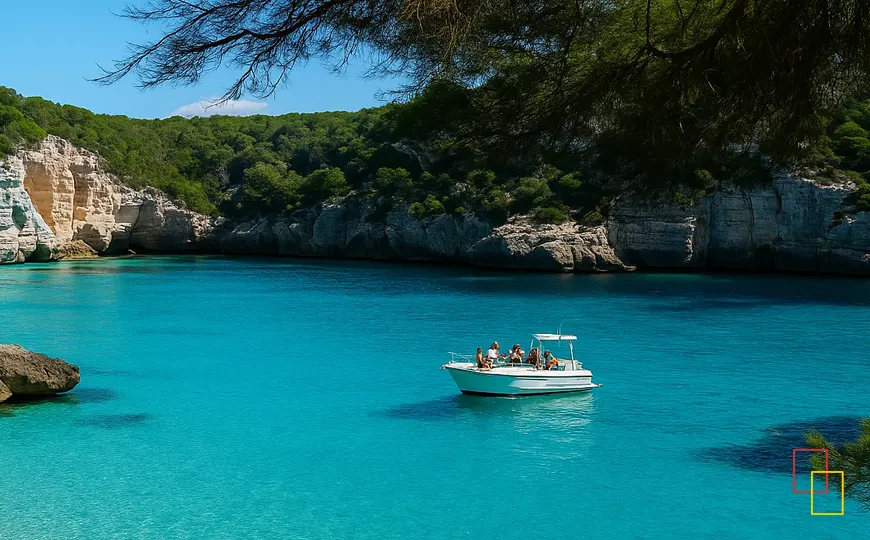 Grupo de amigos navegando en barco frente a las calas del sur de Menorca