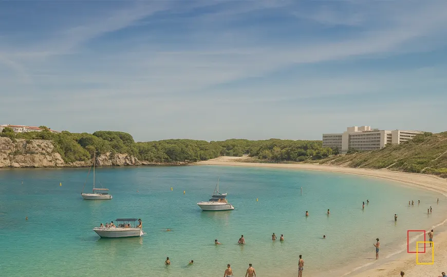 Familia y amigos disfrutando juntos en una cala de aguas turquesas en Menorca