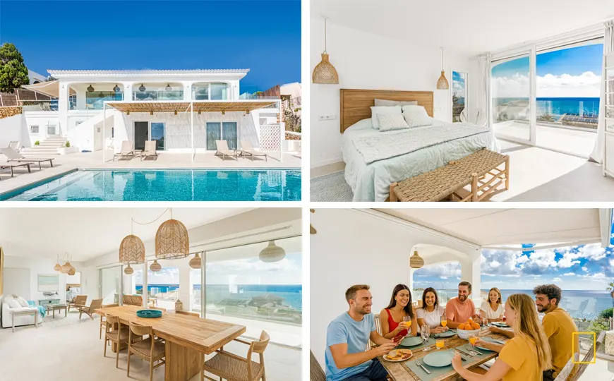 Grupo de amigos desayunando juntos en la terraza de una villa en Menorca