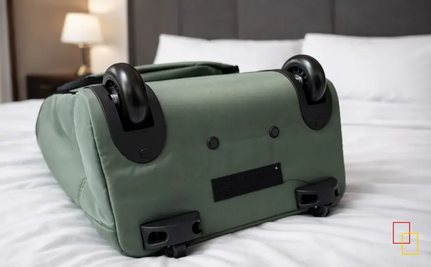 Detalle de las ruedas traseras del trolley mochila de viaje Misako Hadaru en color verde