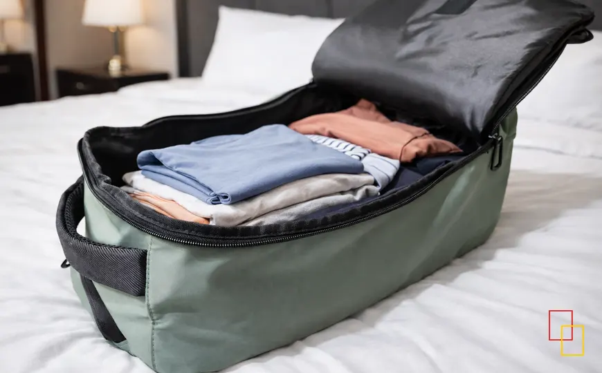 Interior abierto de la mochila de viaje con ruedas Misako Hadaru mostrando compartimentos