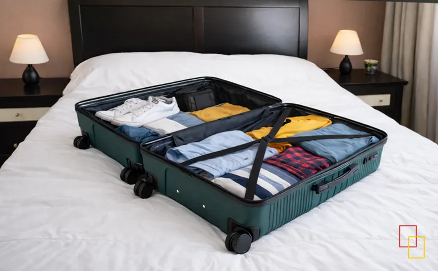 Interior abierto de una maleta grande de viaje Misako Milan 97L con compartimentos y sujeciones