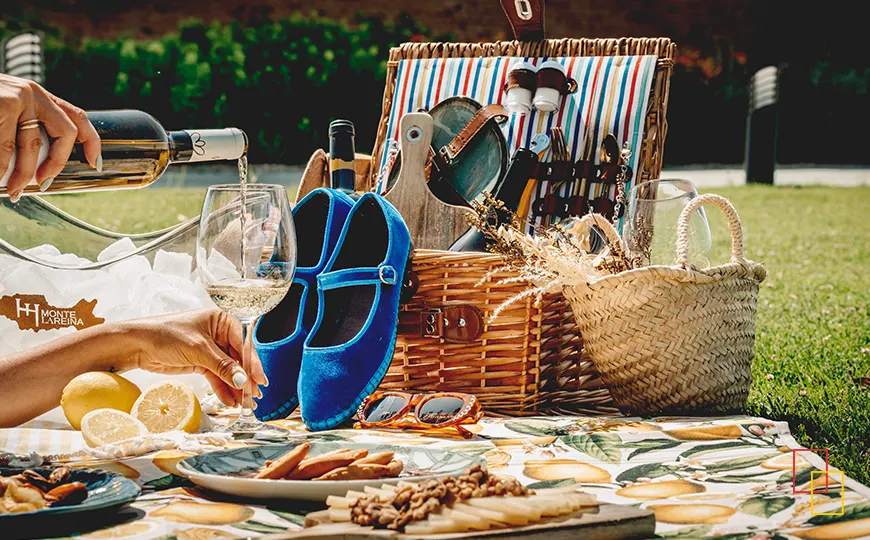 Cesta de picnic con vino, tabla salada y accesorios sobre el césped