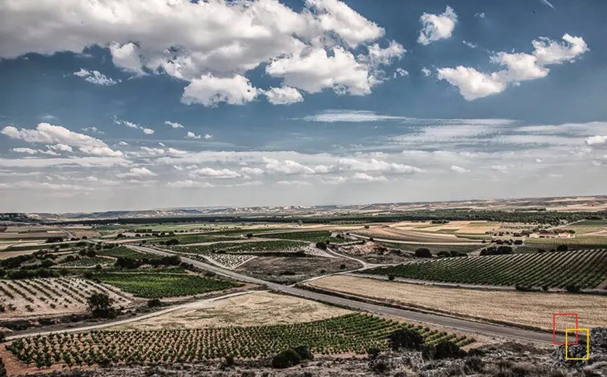 Panorámica de viñedos y campos en la milla de oro de la Ribera del Duero desde el mirador de Dominio Lubiano