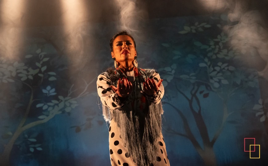 Cantaora en el escenario de Teatro Flamenco Madrid bajo luz teatral