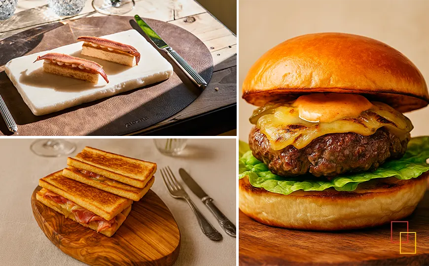 Brioche de anchoa 00, sándwich de roast beef y hamburguesita de wagyu servidos en Tinglado Restaurante