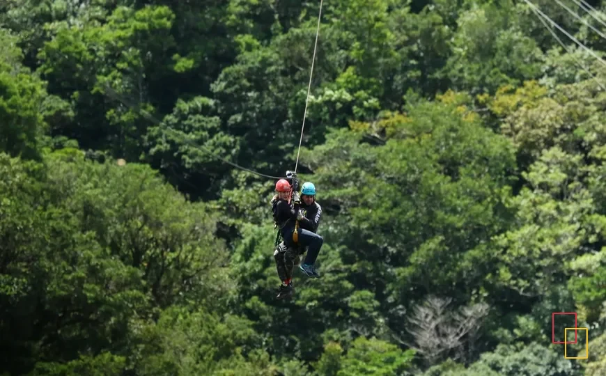 Persona realizando una actividad de tirolina en un entorno de selva