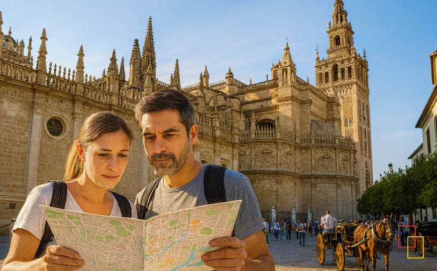 Pareja consultando un mapa de Sevilla y organizando sus tours guiados