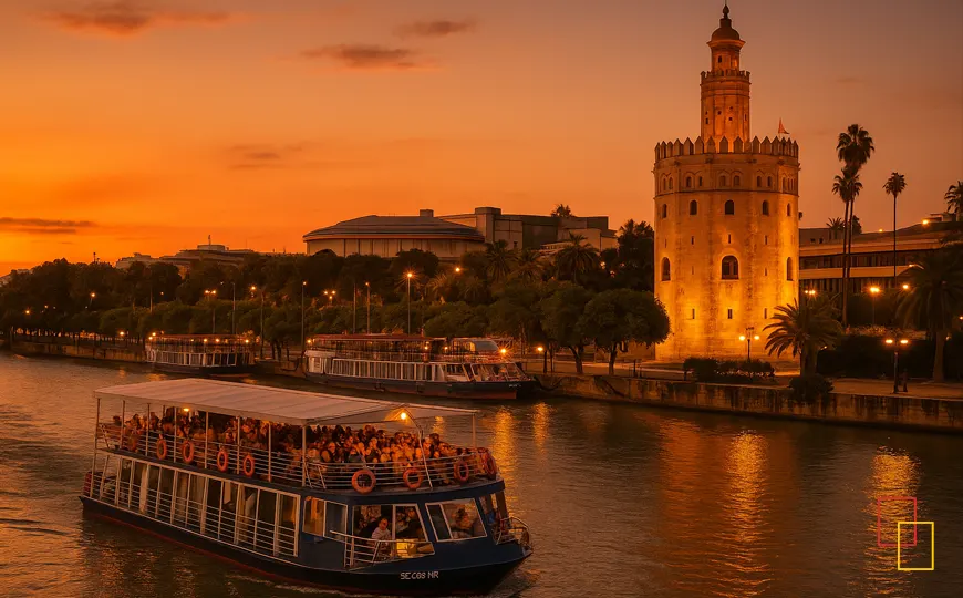 Barco turístico realizando un crucero por el río Guadalquivir con la Torre del Oro al fondo