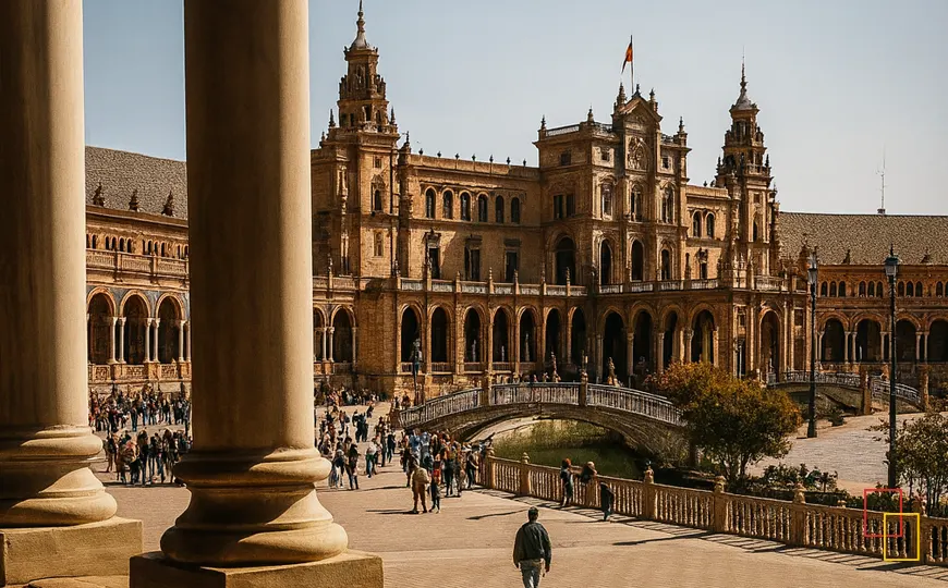 Grupo realizando un free tour diurno por Sevilla en la Plaza de España y el Parque de María Luisa