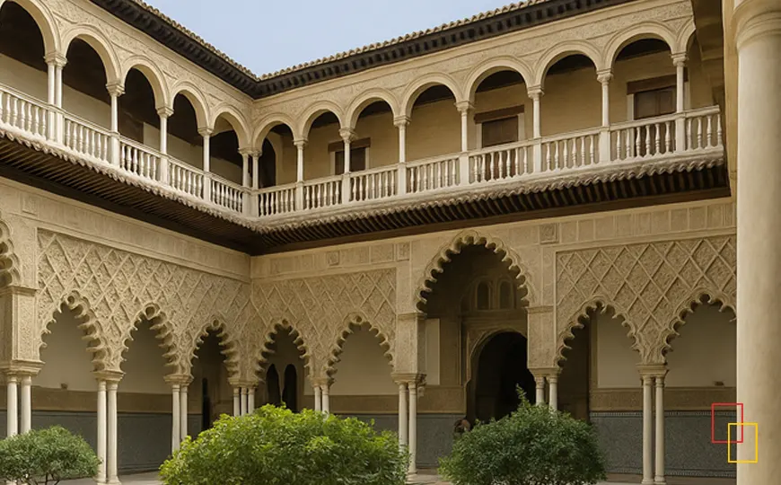 Patio mudéjar y jardines del Real Alcázar de Sevilla durante una visita guiada