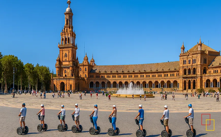 Grupo realizando un tour en segway por Sevilla junto a la Plaza de España